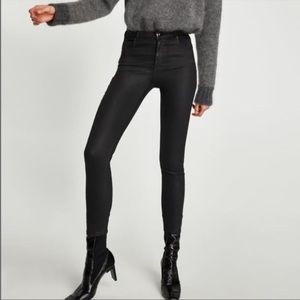 Zara Black Coated Denim Super Skinny Faux Leather Jeans